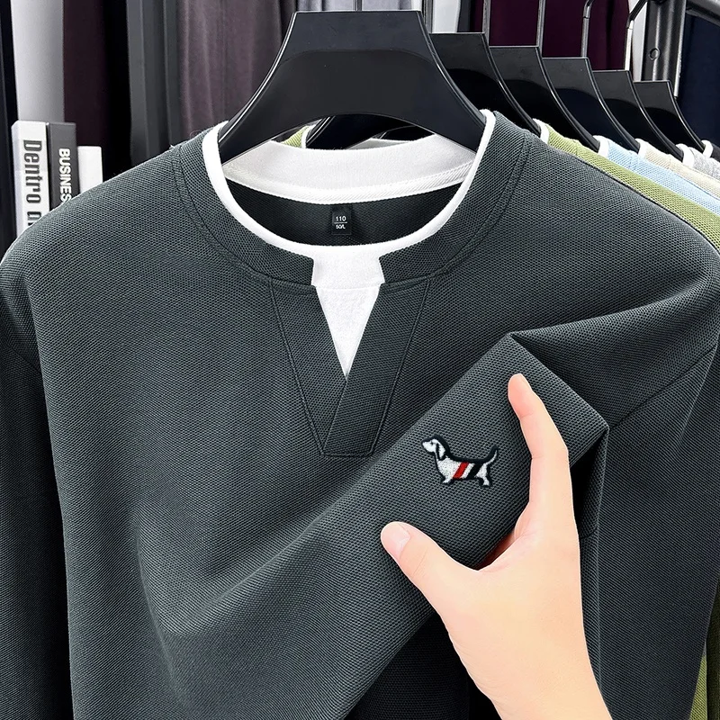 Men's Spring Autumn New Long Sleeve Tops Fake Two-Piece 100% Cotton Soft O-Neck T-Shirt Exquisite Versatile Commuting Men's Wear