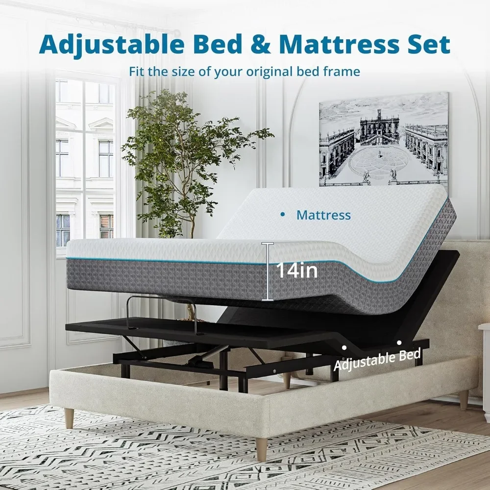 Queen Adjustable Bed Frame with Remote, 14 inch Charcoal Gel Memory Foam Mattress, Independent Head and Foot Incline, Bed Frame