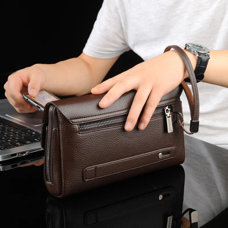 PU leather magnetic lock handbag, large-capacity mobile phone storage, business wallet, flip cover men's clutch