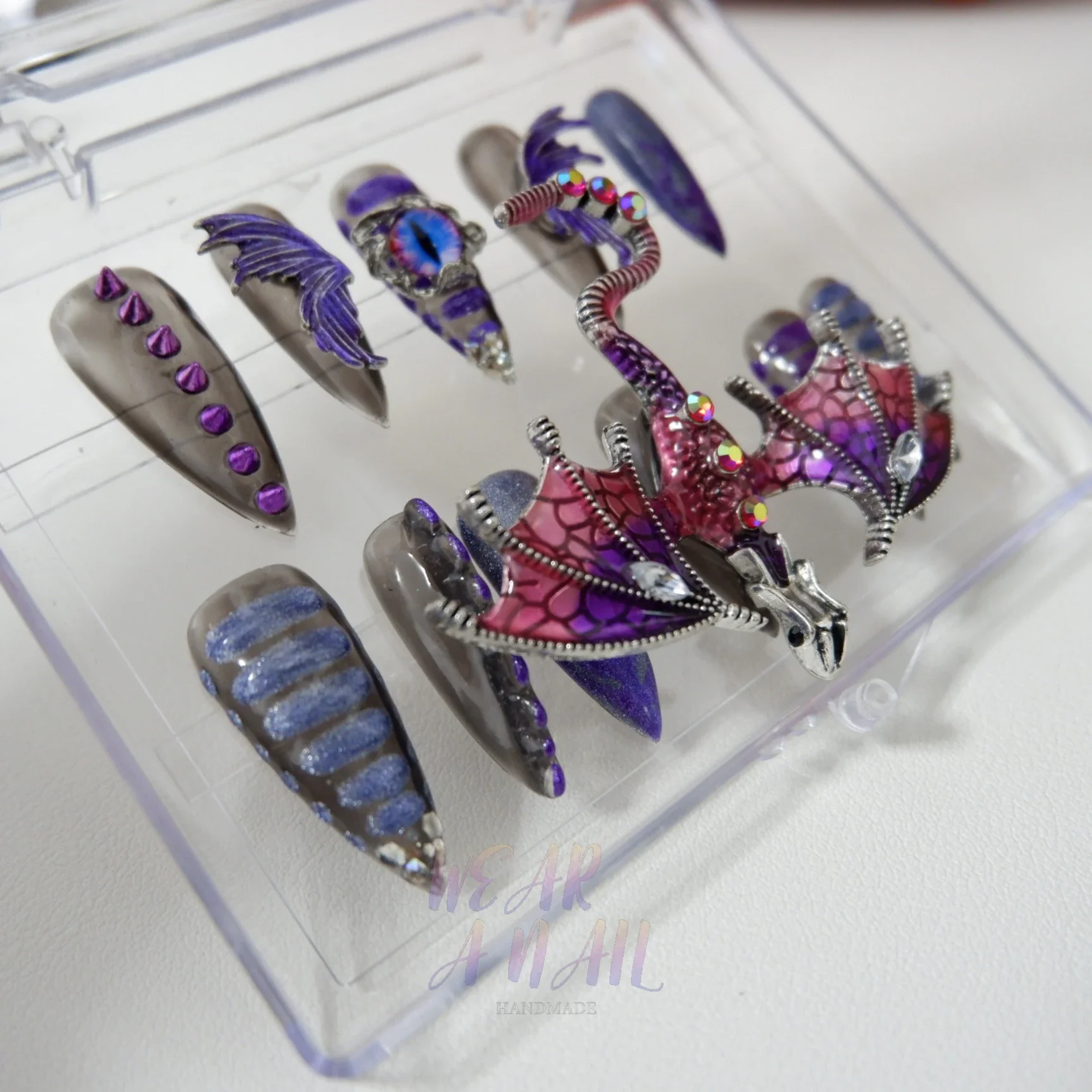 11pcs Handmade Luxury Long Droplet Purple Cat Eyes Wearable Nails Exaggerated Dragon Decoration Reusable Artificial Charm Nails