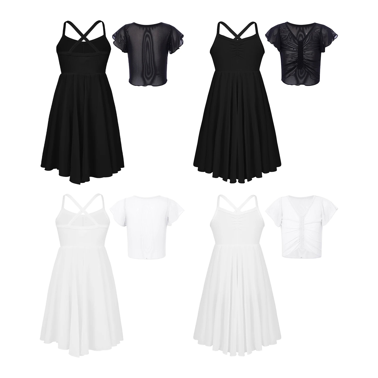 

Elegant Ballet Dance Dress Set for Girls Spaghetti Straps Chiffon Skirt Built-in Briefs And Ruch Crop Top for Stage Performance