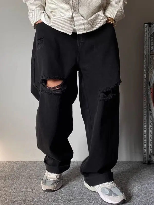 

plus Size 300 Pounds Ripped Denim Jeans Men's Women's Trendy Loose Dad Casual Ins Hong Style Wide Leg Jeans Casual Wear