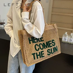 LEFTSIDE-Bolso de hombro de paja con diseño de letras para mujer, hecha a mano bolsa grande de playa, gran capacidad, verano, 2024