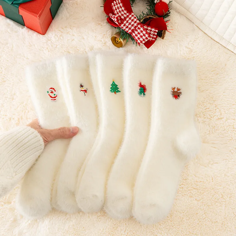 Herbst- und Wintersocken, weiße Weihnachtssocken aus Nerzfell, Schneemann, Weihnachtsmann, Weihnachtsbaumelemente, verdickte warme Socken