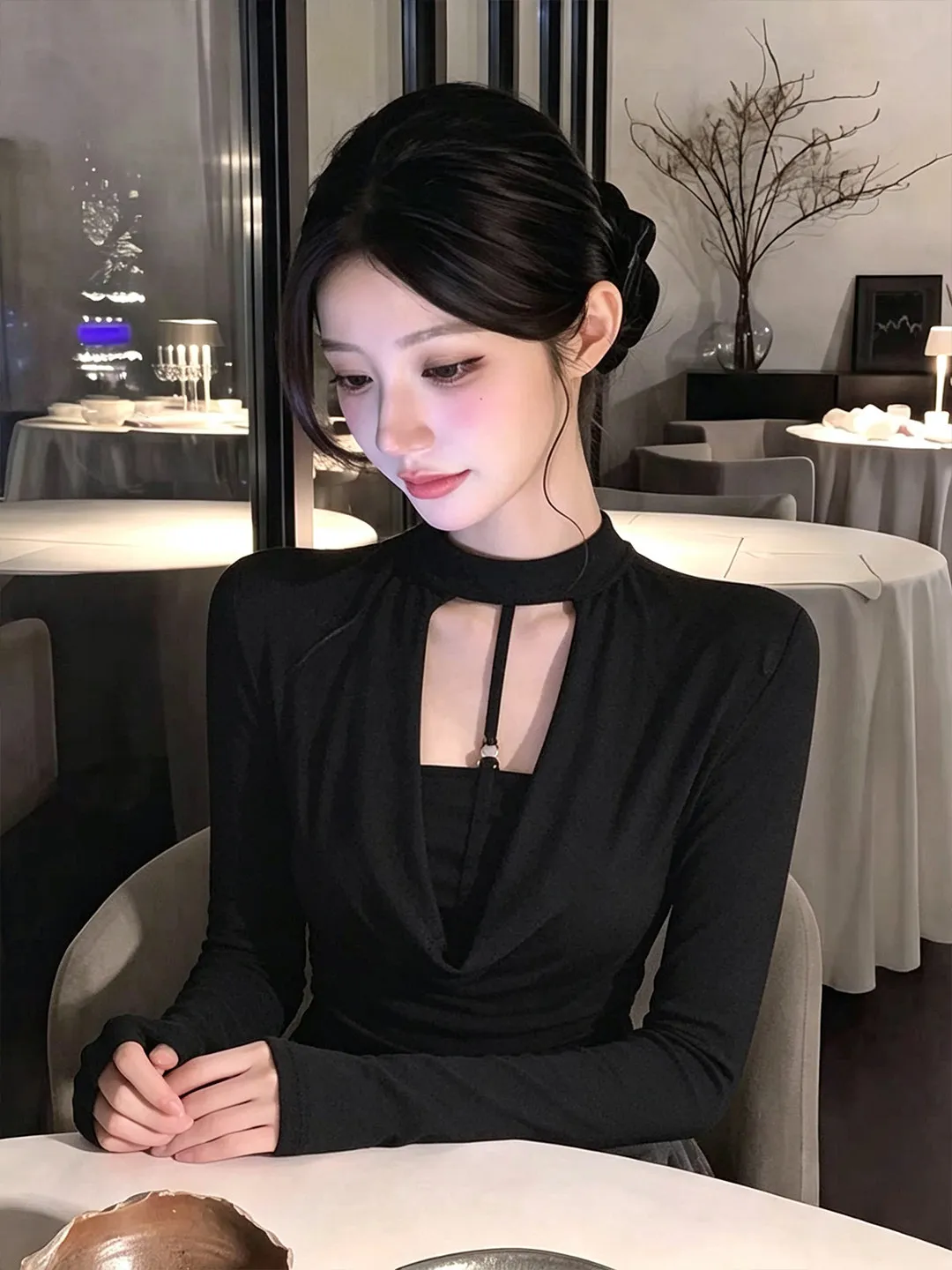 Elegant Hollow out Long Sleeve Black T-Shirt Women's Slim Fit Top Early Autumn Base Shirt Korean Style Commute Fashion
