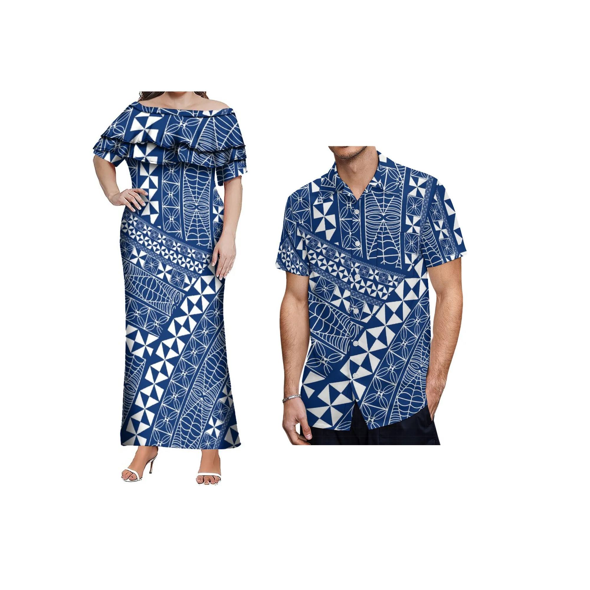 Personalizado plus size novo vestido polinésio senhoras dupla camada folho fora do ombro vestido samoan impressão design vestido de festa