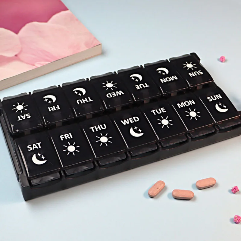 Tygodniowe przenośne podróżne pudełko na pigułki Organizer na 7 dni 14 siatek Pojemnik na pigułki Przechowywanie tabletek Leki Witaminy Medycyna Oleje rybne