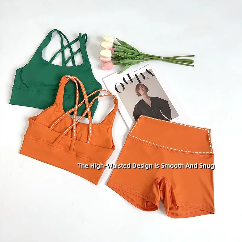 

2Pcs Summer Yoga Sets Naked Feel Gym Set Women Workout Clothes High Waist Yoga Shorts And Strappy Sports Bra Short Sets