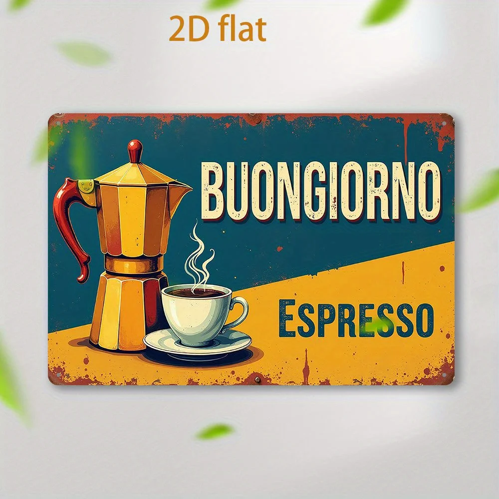 2D Flat 1pc Vintage Italian Morning Metal Tin Sign-Wall Art with Espresso & Moka Express Design, Rustic  Wall Decor for Home