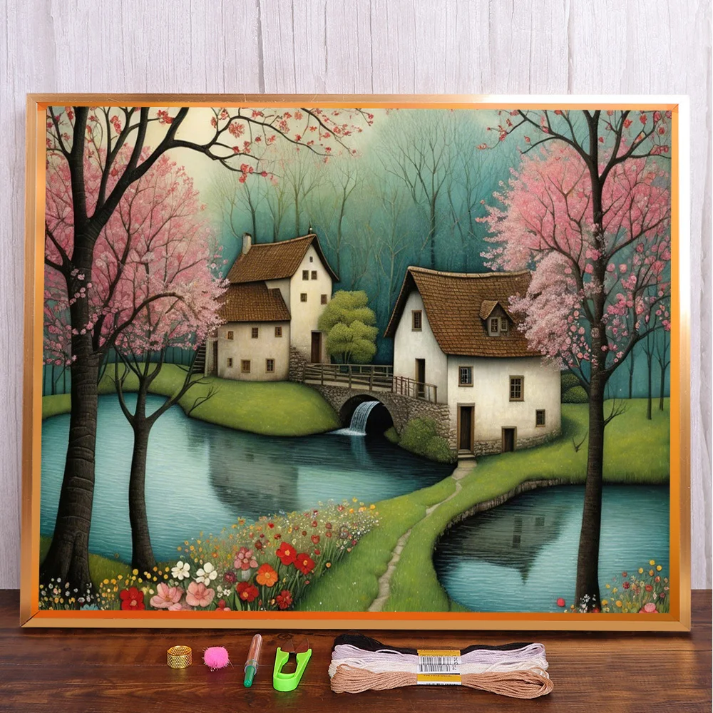 Landscape Spring Pool Cross Stitch Patterns DIY Embroidery Handicraft Knitting Sewing Handmade Stamped For Adults Home Decor