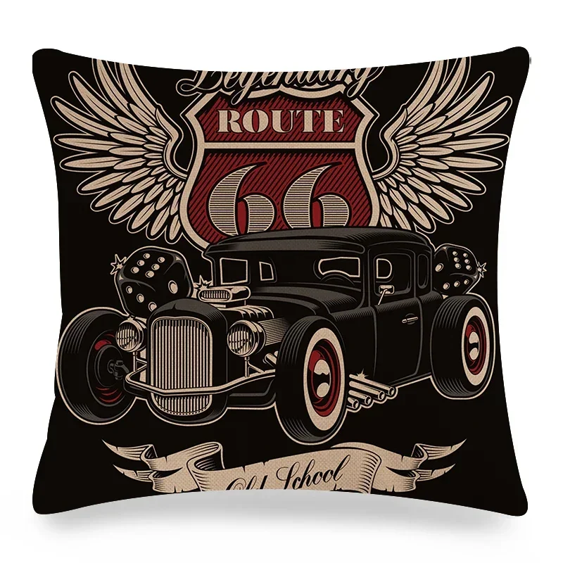 Funda de cojín cuadrada de poliéster para decoración del hogar, cubierta de almohada con estampado de patrón de coche americano Vintage, suave, sala de estar