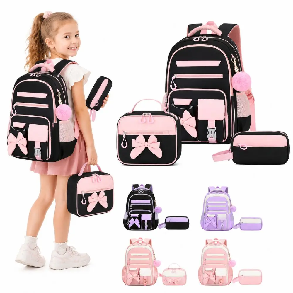 3PCS Cartoon Backpack,lunch Bag,Pencil Case Set Large Capacity Oxford Cloth Bow-knot Schoolbag Set Lightweight Waterproof