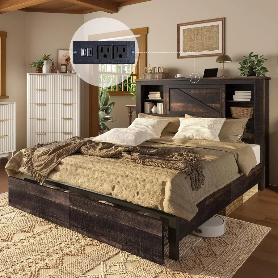 47.2 H Full Bed Frame with Hidden Space Bookcase Headboard and Charging Station Beds with 2 Storage Drawers and Wood Slats No B
