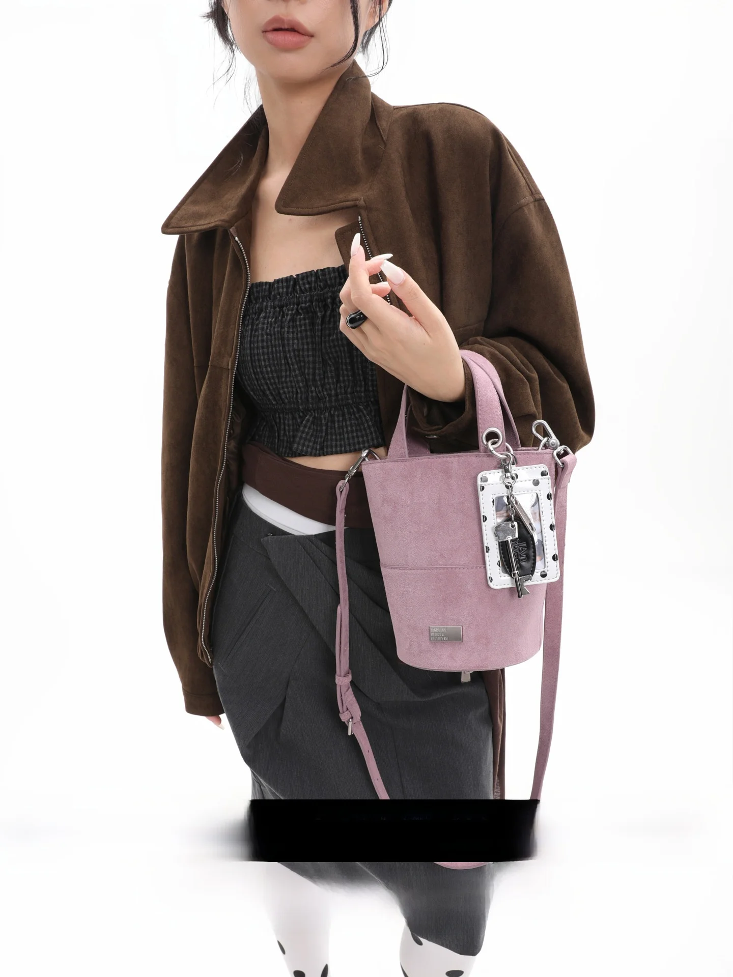 Original Design Polka Dot Suede Bucket Bag Crossbody Handbag with Pendant Youth Fashion Magnetic Buckle Closure Soft Leather