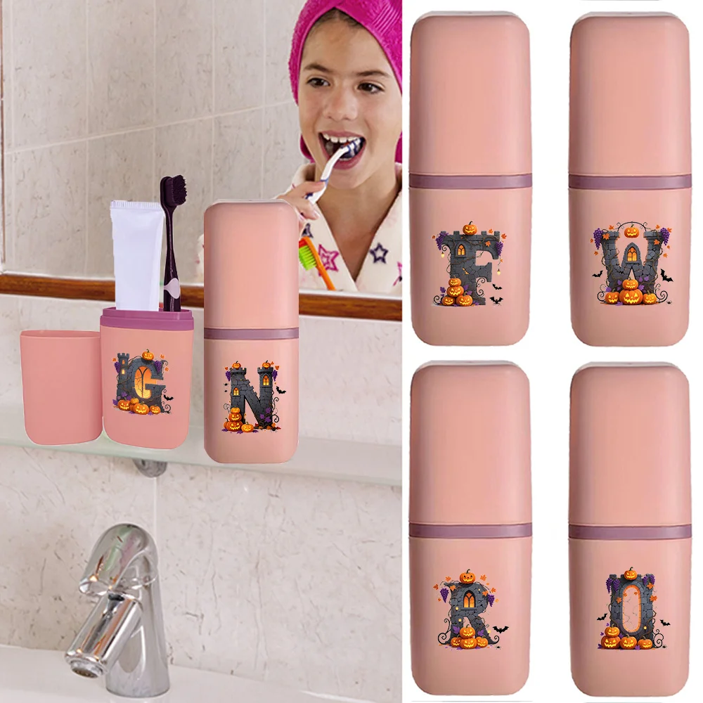 

Travel Toothbrush Organizer Box Portable Toiletries Dustproof Wash Case Detachable Mouthwash Cup Halloween Letter Pattern