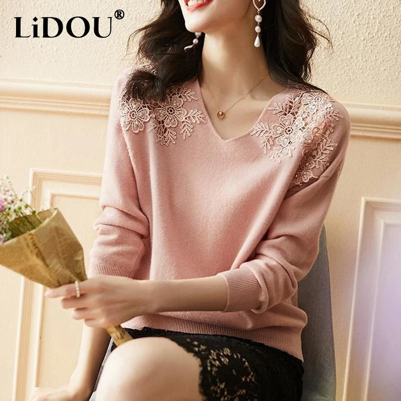 2023 Spring Autumn New Solid Color V-neck Long Sleeve Sweater Pullovers Women Vintage Lace Patchwork Hollow Out All-match Tops