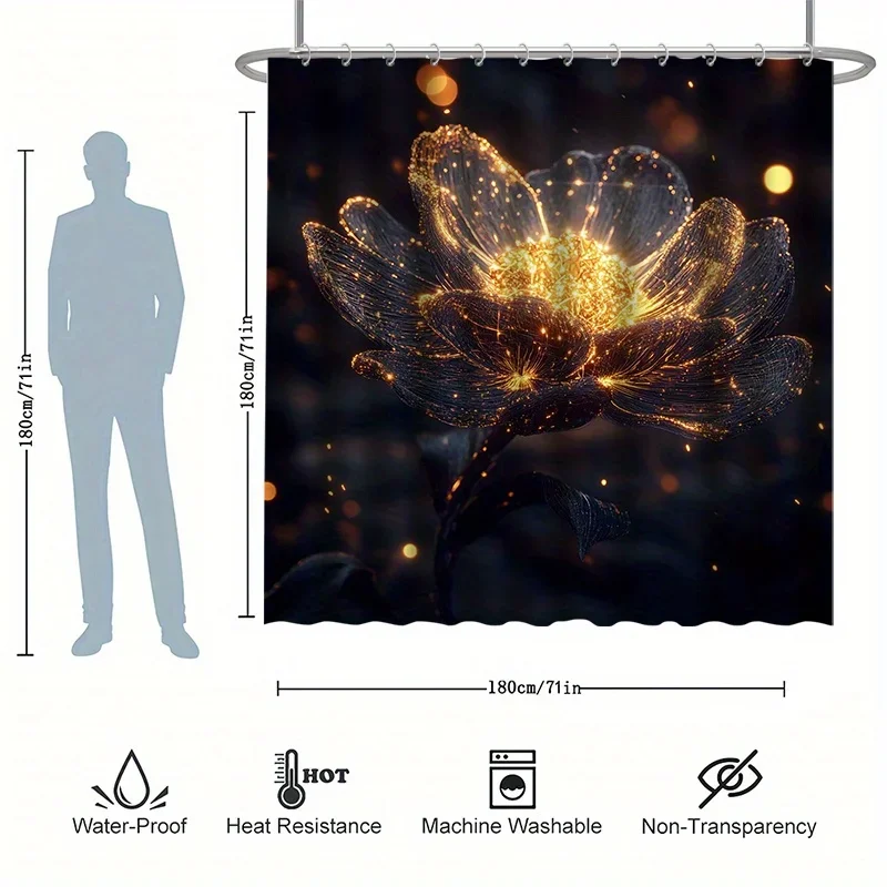 ~O~Flowing Flower Shower Curtain Set - Sparkling Light Emitting Stamens, Includes 12 Hooks, Polyester Fabric, Modern Bathroom De