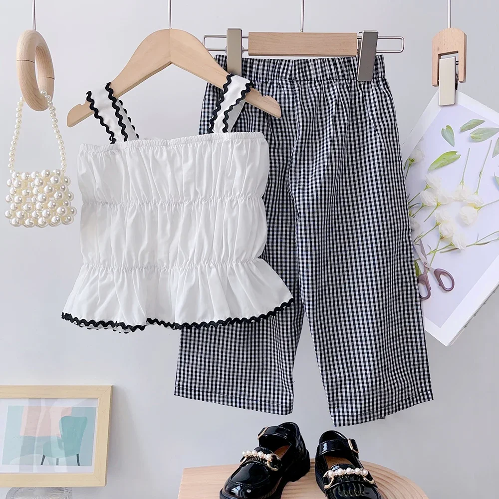 Bear Leader Girls' Clothing Set Casual Children's Ruffle Bow Fashionable Strap Top+Plaid Pants Set Girls' Vacation Casual Set