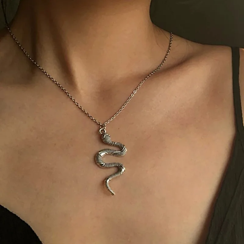 Vintage Big Python Snake Pendant Necklace for Women Silver Color Simple Clavicle Chain Collar Neck Jewelry Hiphop Punk Girl Gift