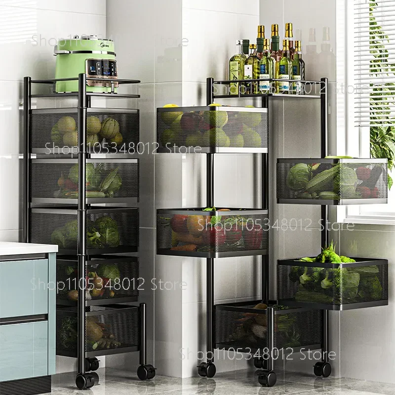 Kitchen Rotatable Fruit Vegetable Shelf Wheel Installation Free Multi-Layer Living Room Storage Rack Snacks Fruits