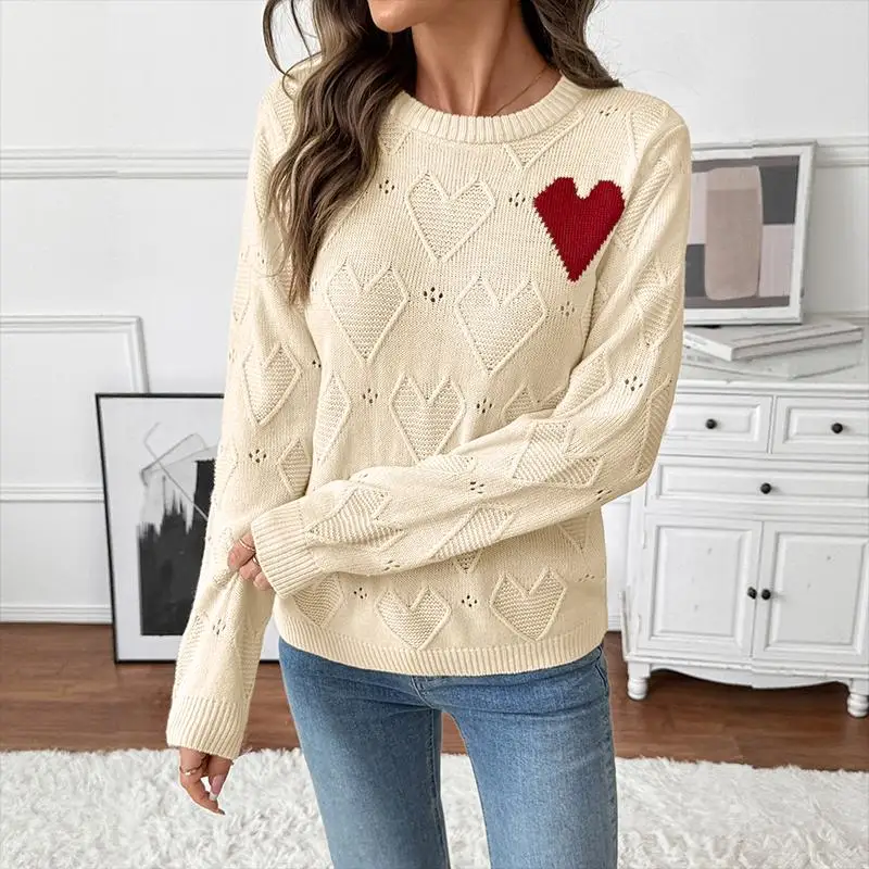 

Women's Khaki Red Heart Applique Hollow Out Crew Neck Knitted Sweater Long Sleeve Autumn Winter Casual Daily Fashion Pullover