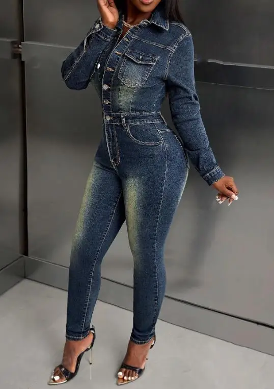 

Jumpsuit Women 2026 New Spring Autumn Solid Color Turn-Down Collar Long Sleeved Pocket Design High Waist Slim Fit Denim Jumpsuit