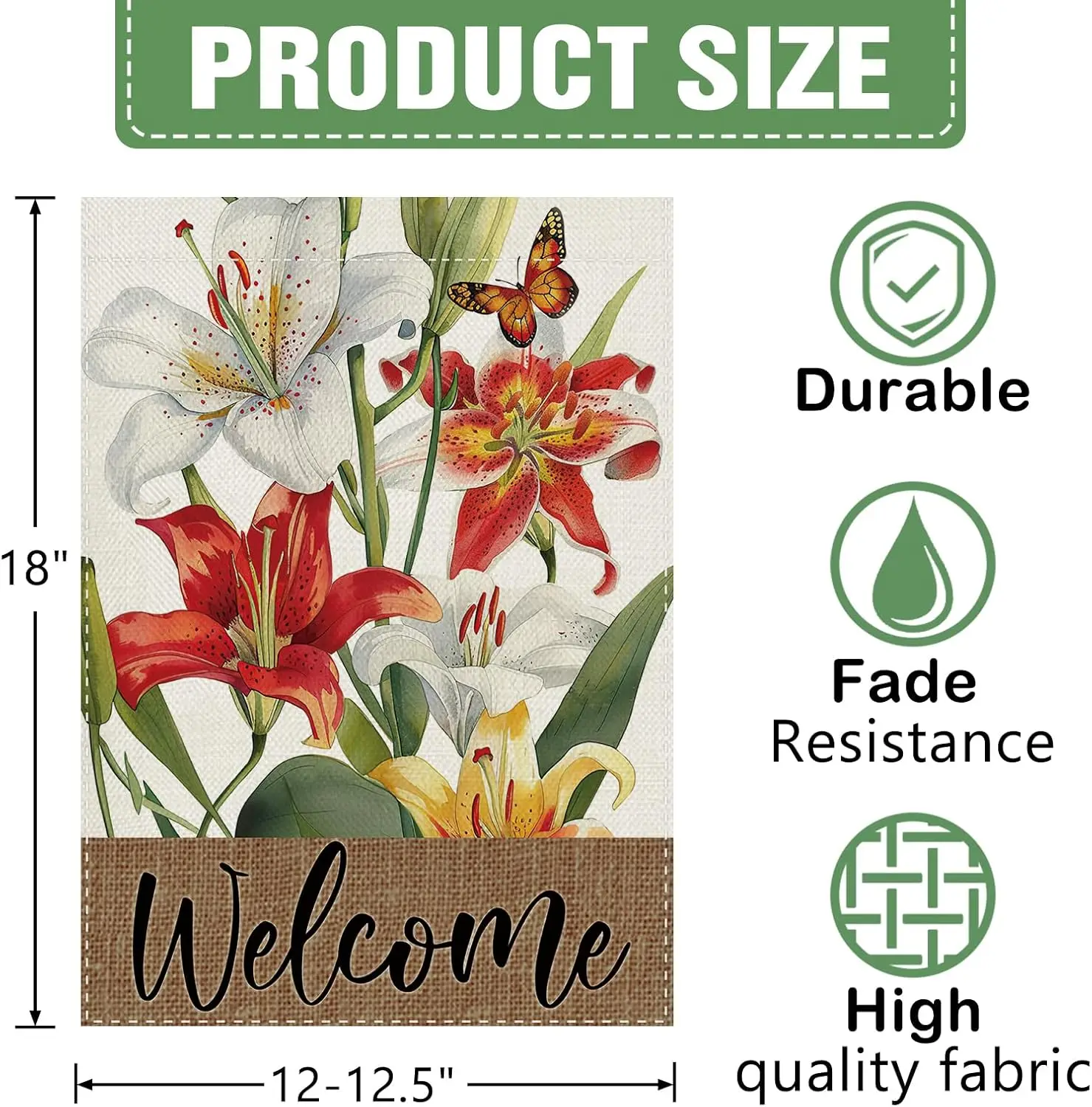 Dyrenson Welcome Spring Summer Lily Flower Decorative Garden Flag, Rustic Floral Butterfly Botanical Yard Outside Home Decor PPM