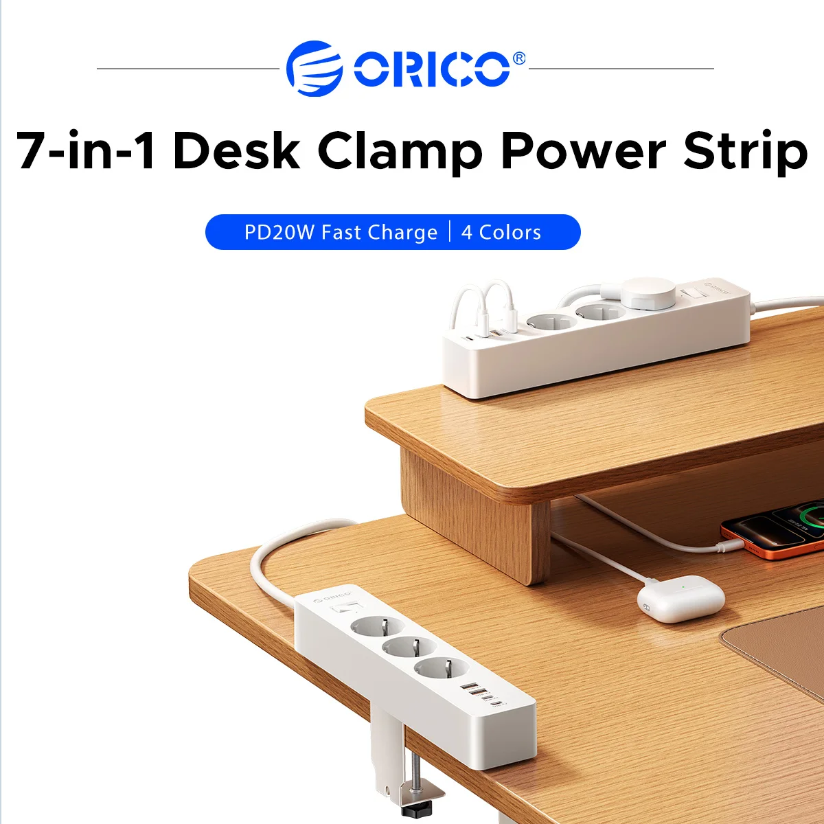 ORICO 7‑in‑1 Desk Clamp Power Strip PD20W USB‑C Fast Charging 3AC Outlets 2USB‑A 2USB‑C Punch‑Free Desktop Mount Power Socket Fo