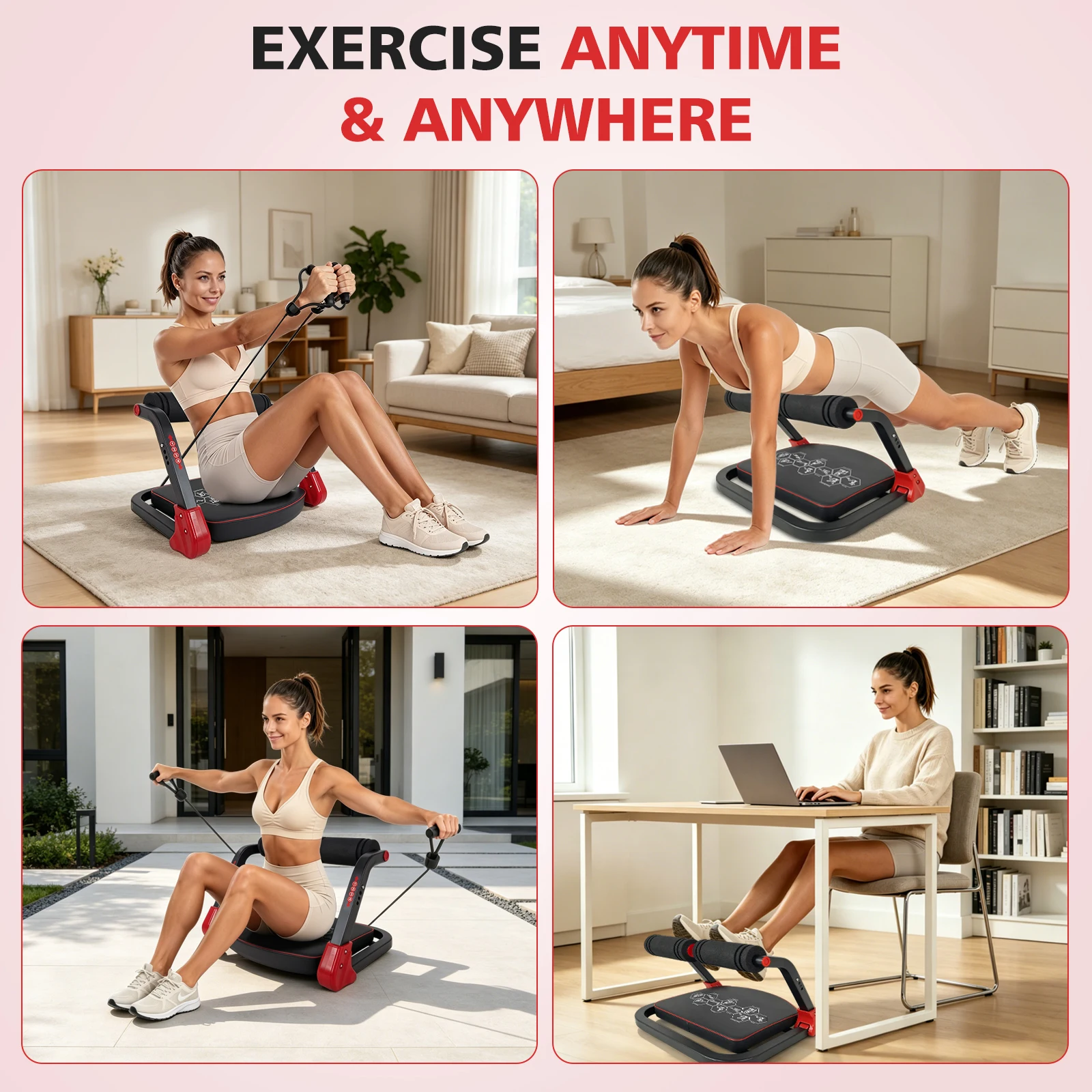 Ab Core Trainer Abdominal Machine For Home Gym With Resistance Bands Red