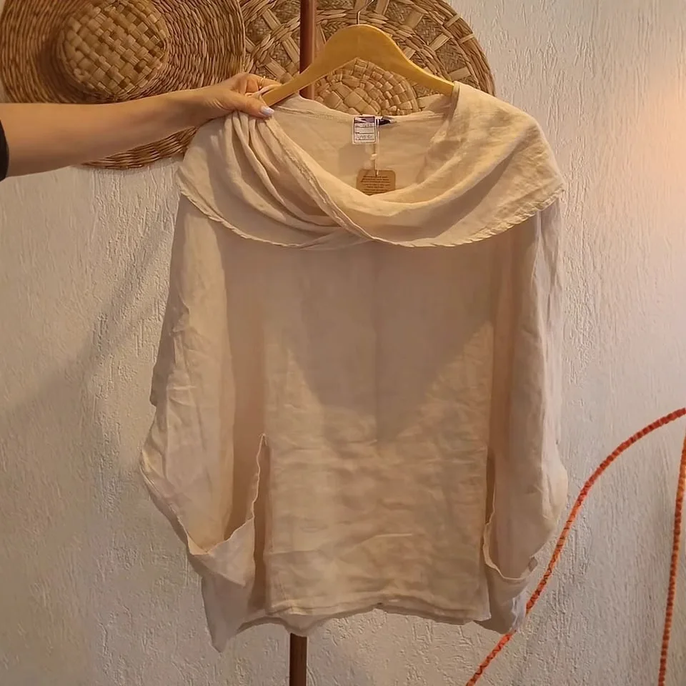 2025 Zomer Mode Vrouwen Shirt Trui Lange Mouw Gedrapeerde Hals Drie Mouwen Top Lijn Pocket Blouses Voor Vrouwelijke
