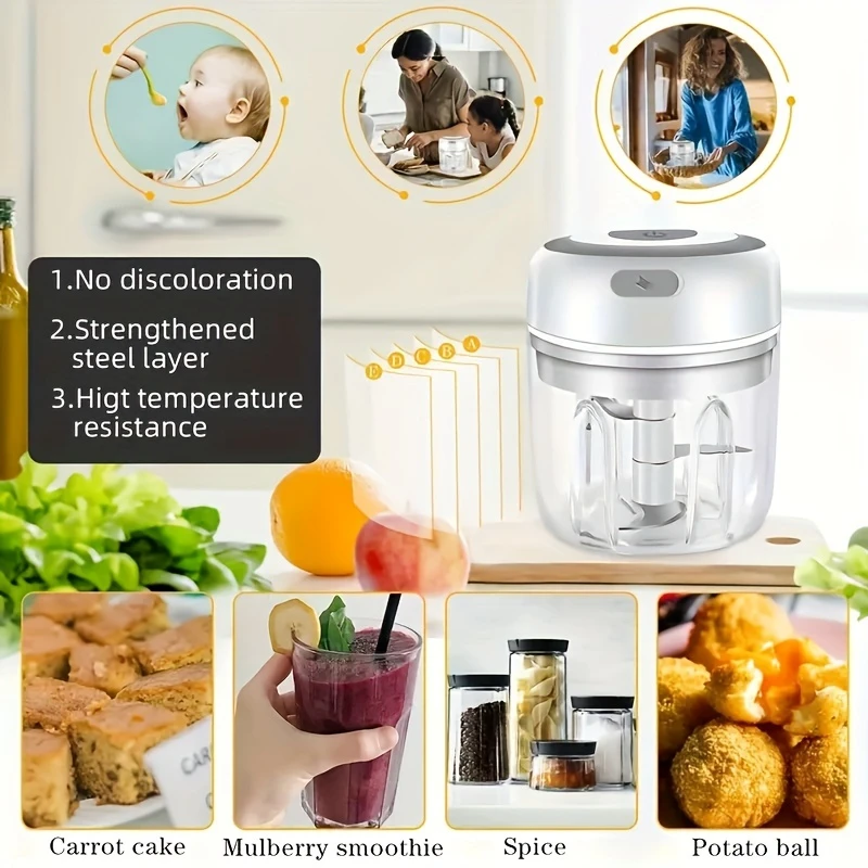 

USB-Powered Wireless Food Chopper - 100/250ml Electric Garlic Crusher, Meat Grinder, Vegetable Cutter, Baby Food Maker for Fast