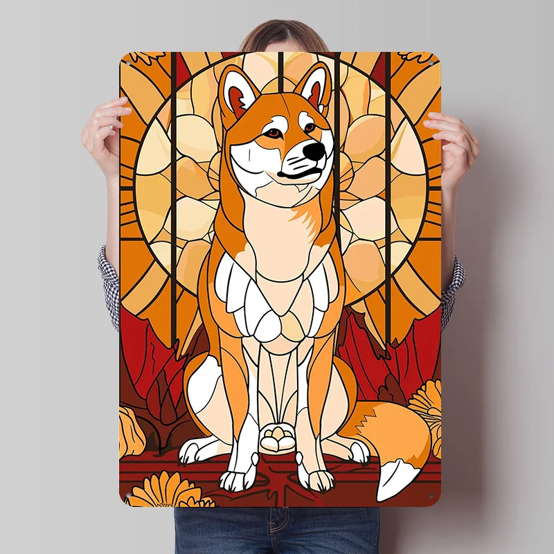 Shiba Inu im Stained-Glass-Stil Gedrucktes Poster Individualisierte Retro-Wandkunst Vintage Metallschilder zur Heimdekoration Luxus
