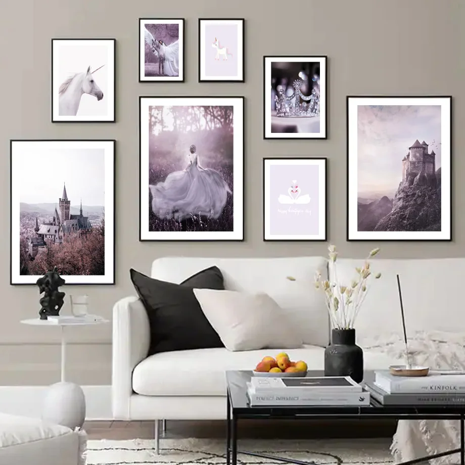 Purple Castle Princess Unicorn Crown Wall Art Canvas Painting Nordic Posters And Prints Wall Pictures For Living Room Home Decor