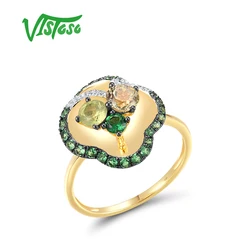 VISTOSO Pure 14K 585 Yellow Gold Ring For Women Sparkling Diamond Colorful Cluster Green Flower Party Gift Elegant Fine Jewelry
