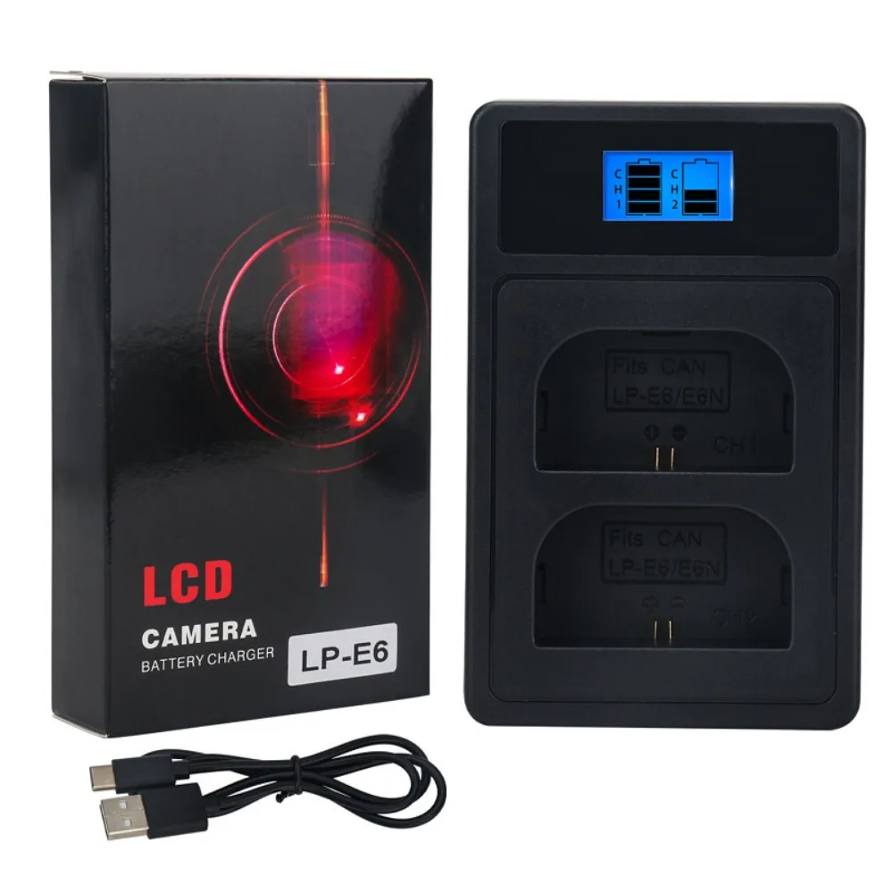 LP-E6 2650mAh 7.4V Lp-e6 E6N Battery + LED Dual Charger for Canon EOS 5DS 5D Mark II 5D Mark III 6D 7D 70D 80D Camera Battery