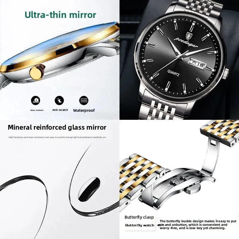 Men's Ultra Thin Quartz Watch, Dual Calendar, Luminous Hands, Waterproof, Elegant Daily Business Wristwatch