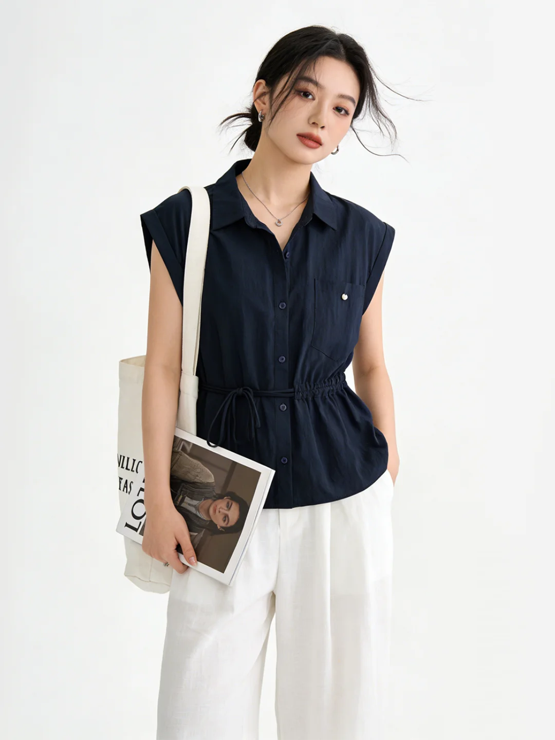 

Slimming Blue irt Dstring Casual ort Sve Summer New Sle Vintage Personali Chinese Sle Women's Busin Casual...