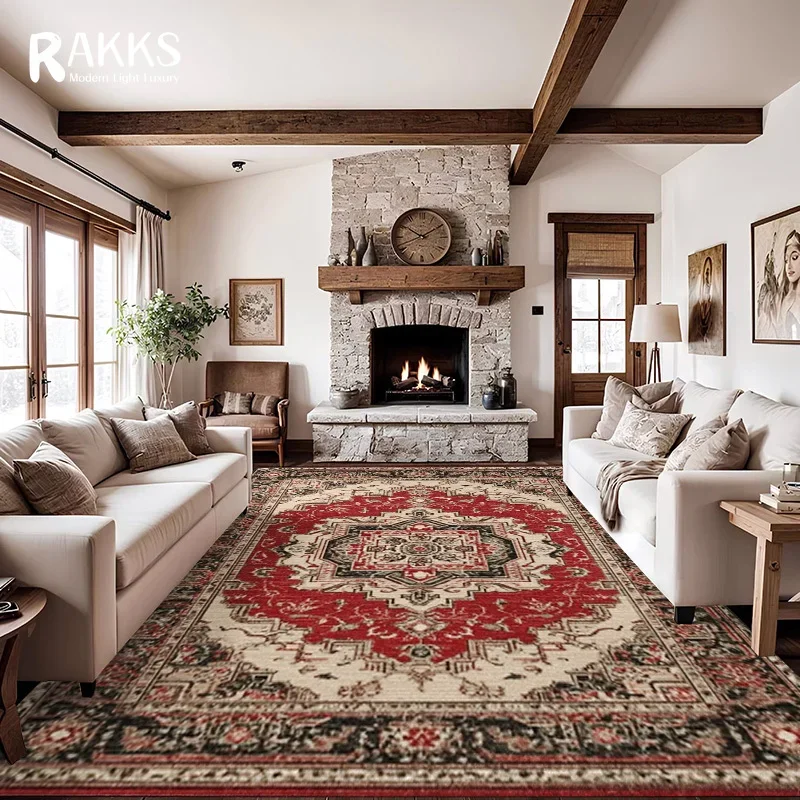 سجادة منطقة مخملية حمراء من RAKKS Boho، سجاد منخفض الكومة غير قابل للانزلاق بنمط طباعة الميدالية الفارسية بنمط متعدد