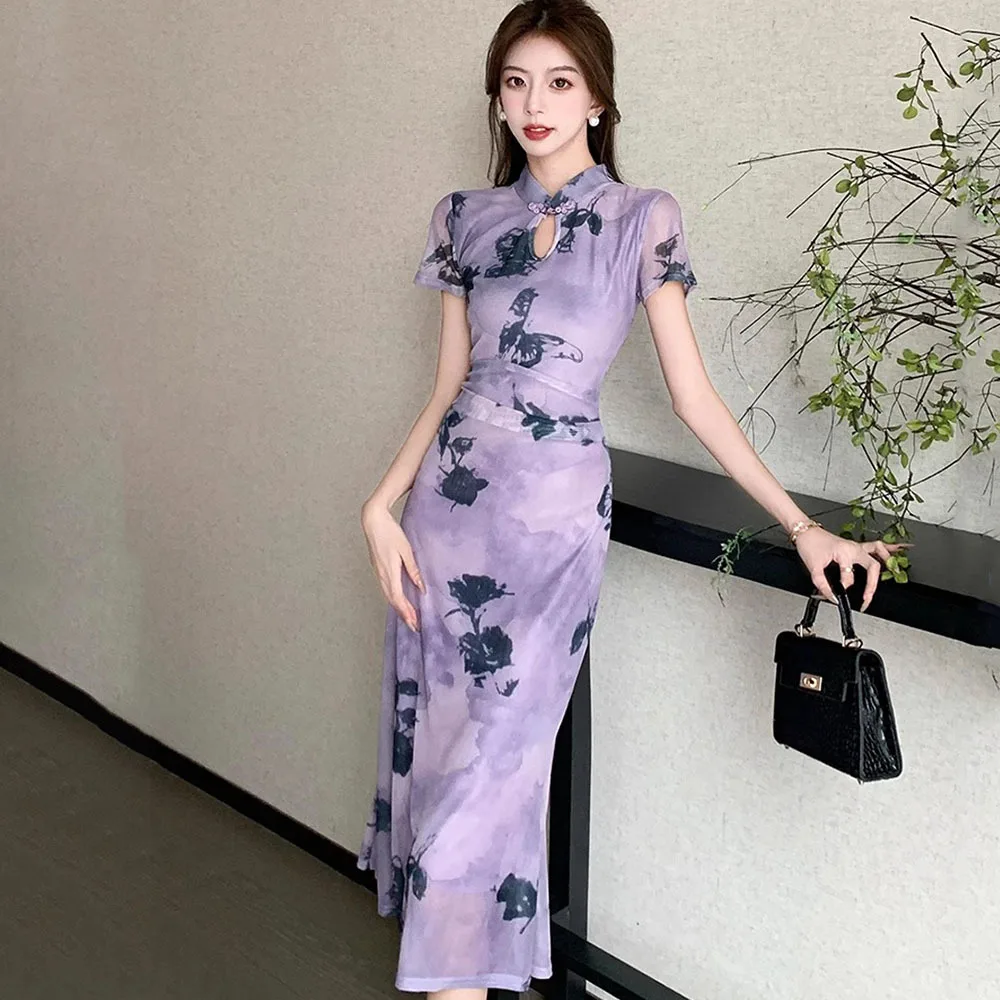 

Chinese Style Vintage Qipao Sexy Dress Women Summer Butterfly Print Short Sleeve Dress Elegant Ladies Long Dresses Vestidos Robe
