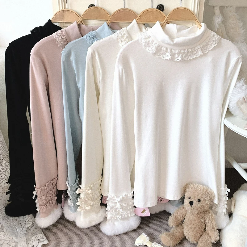 Frauen Lolita Halb Hohen Kragen Tops Grunge Süße Slim Fit Spitze Winter Tees Pelz Patchwork Y2k Ästhetischen Kawaii Nette Schleife T-shirts