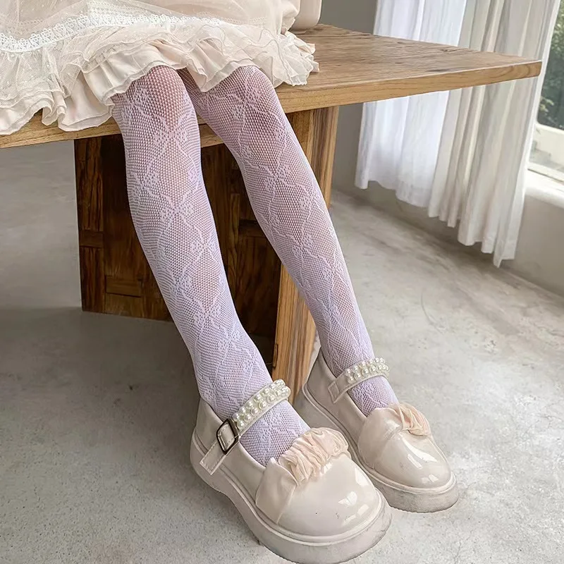 Creamy Lace Dream Baby Girls Lolita Pantyhose Children's Hollow-out Crossed Bowknot Pattern Stockings Fishnet Elastic Tights