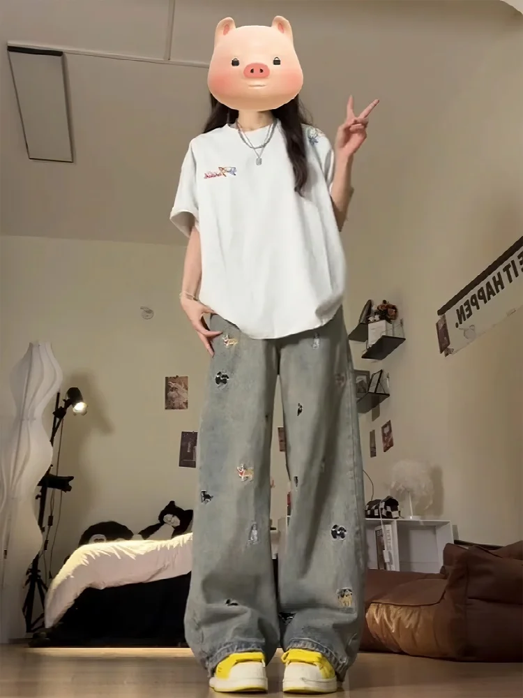 بالإضافة إلى حجم الجينز الأمريكي Sle مستقيم الساق المرأة فضفاضة عالية الخصر التخسيس واسعة الساق طول الأرض بنطلون لباس غير رسمي #3