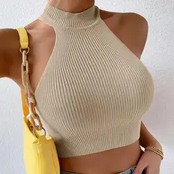 Summer Knit Sleeveless Halter Tops for Women Basics Solid Slim Fitted Crop Women Turtleneck Ribbed Vest Y2K High Neck Tank Tops