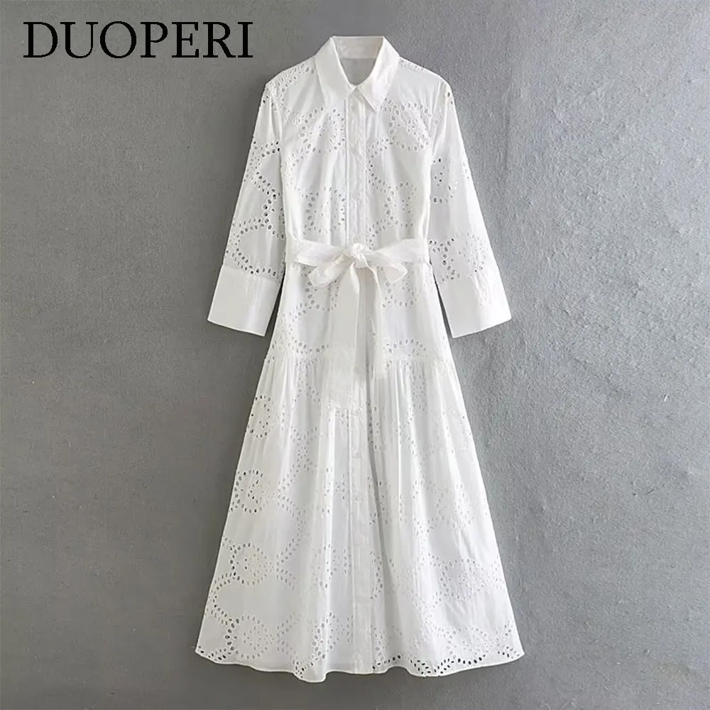 DUOPERI Women Fashion White Cotton Embroidery Midi Shirt Dress Long Sleeves High Waist With Sashes Female Chic Lady Long Dress