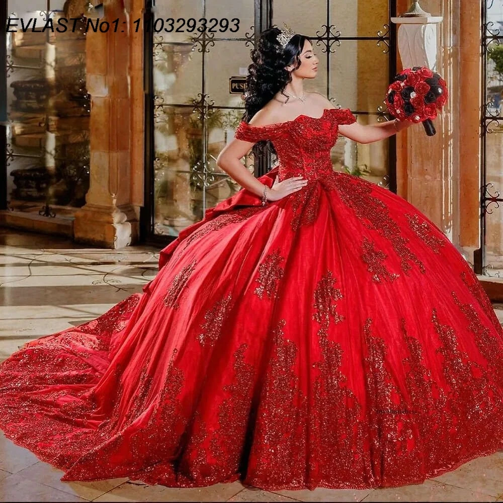 

EVLAST индивидуальное блестящее красное платье Quinceanera с открытыми плечами и блестками, кружевная аппликация, расшитое бисером, Sweet 16, Vestidos De 15 Anos E1QN395