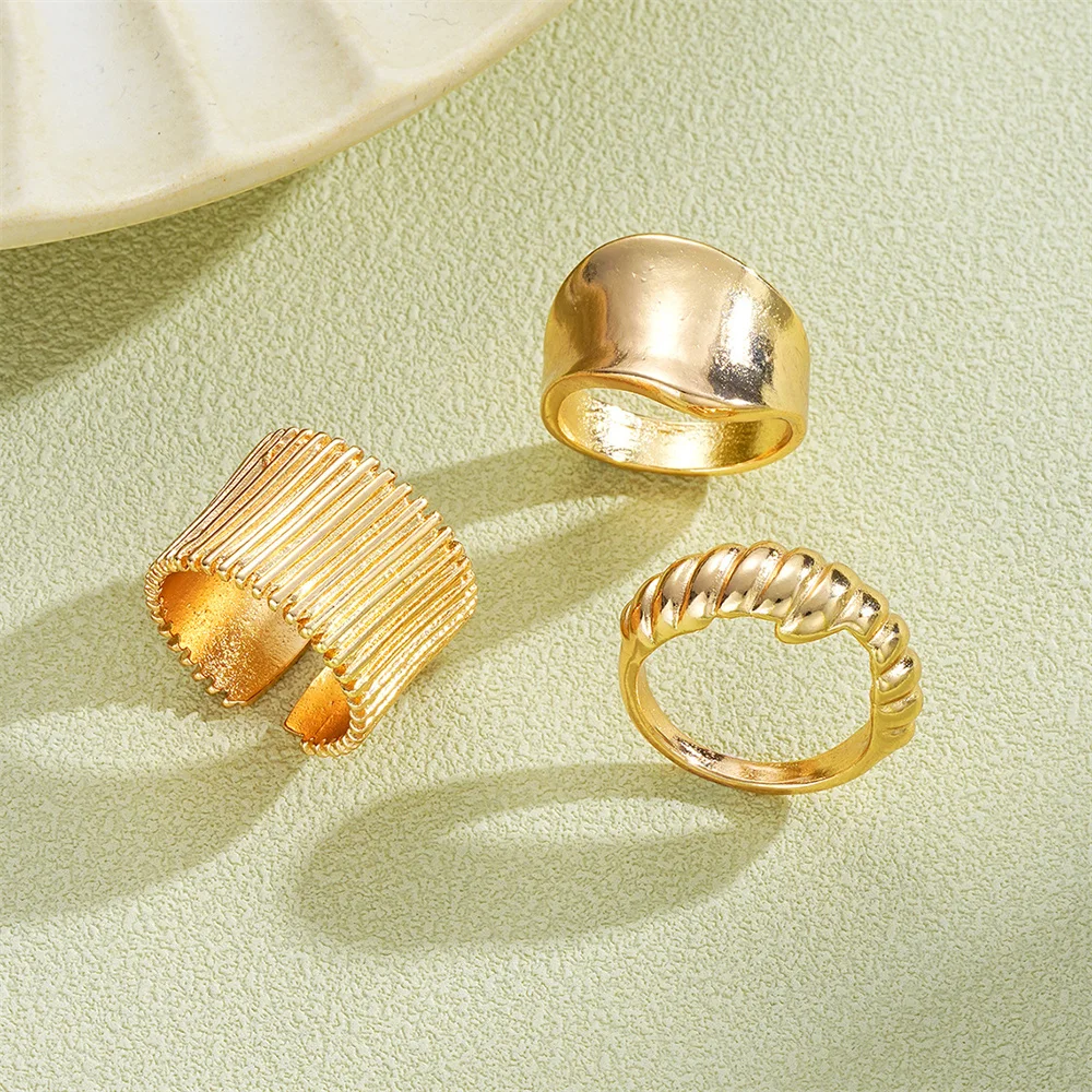 Hip Hop Irregular Geometric Alloy Spiral Ring Three Piece Set Gold Personalized Opening Adjustable Joint Ring Gifts For Women