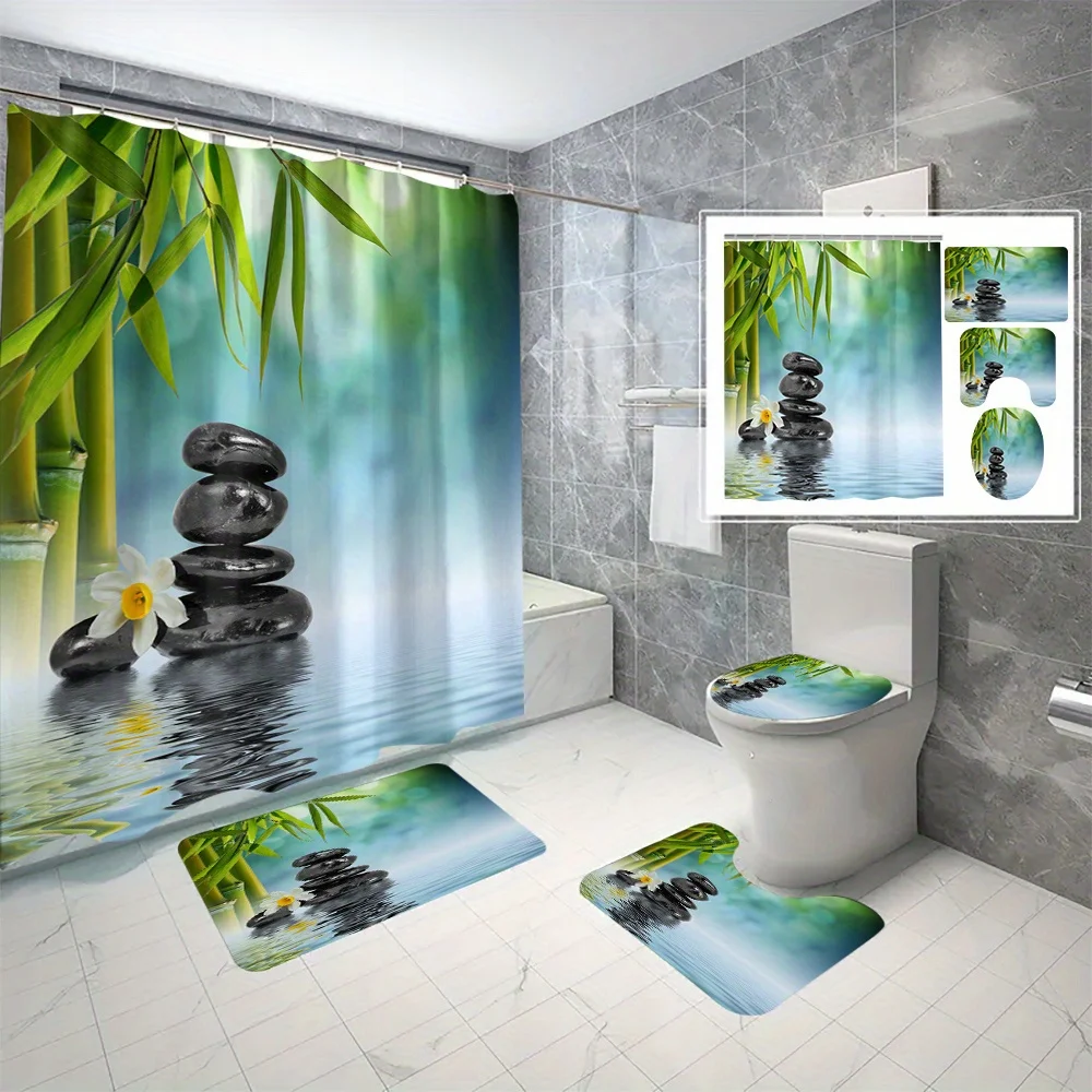 

4pc Zen Bamboo and Stone Pattern Bathroom Set - Shower Curtain, Toilet Seat, Floor Mat, U-Shaped Mat