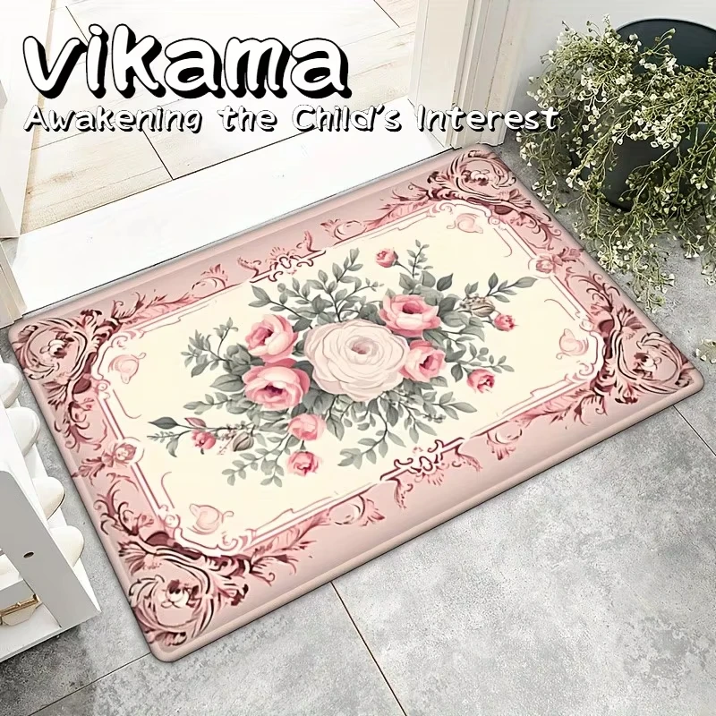 Vikamara Flannel Fresh and Gentle Floral Pattern Soft Floor Mat, Entryway Bathroom Mat, Laundry Room Home Decor Carpet