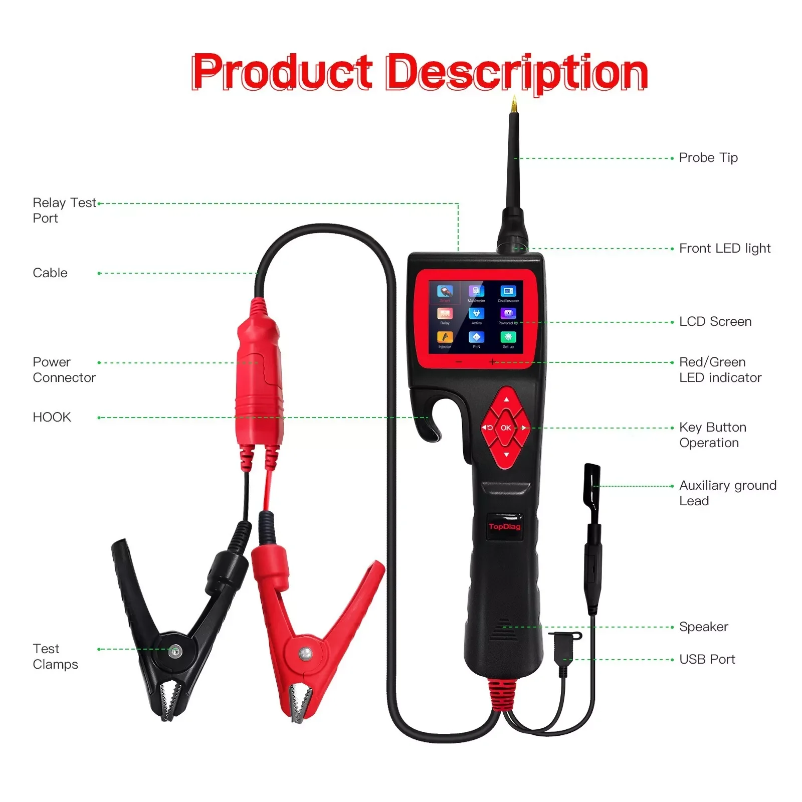 Hot Sell TopDiag Jdiag P200 12V 24V SMART HOOK Power Probe Car Circuit Analyzer Tester Digital Test Electrical System Detector