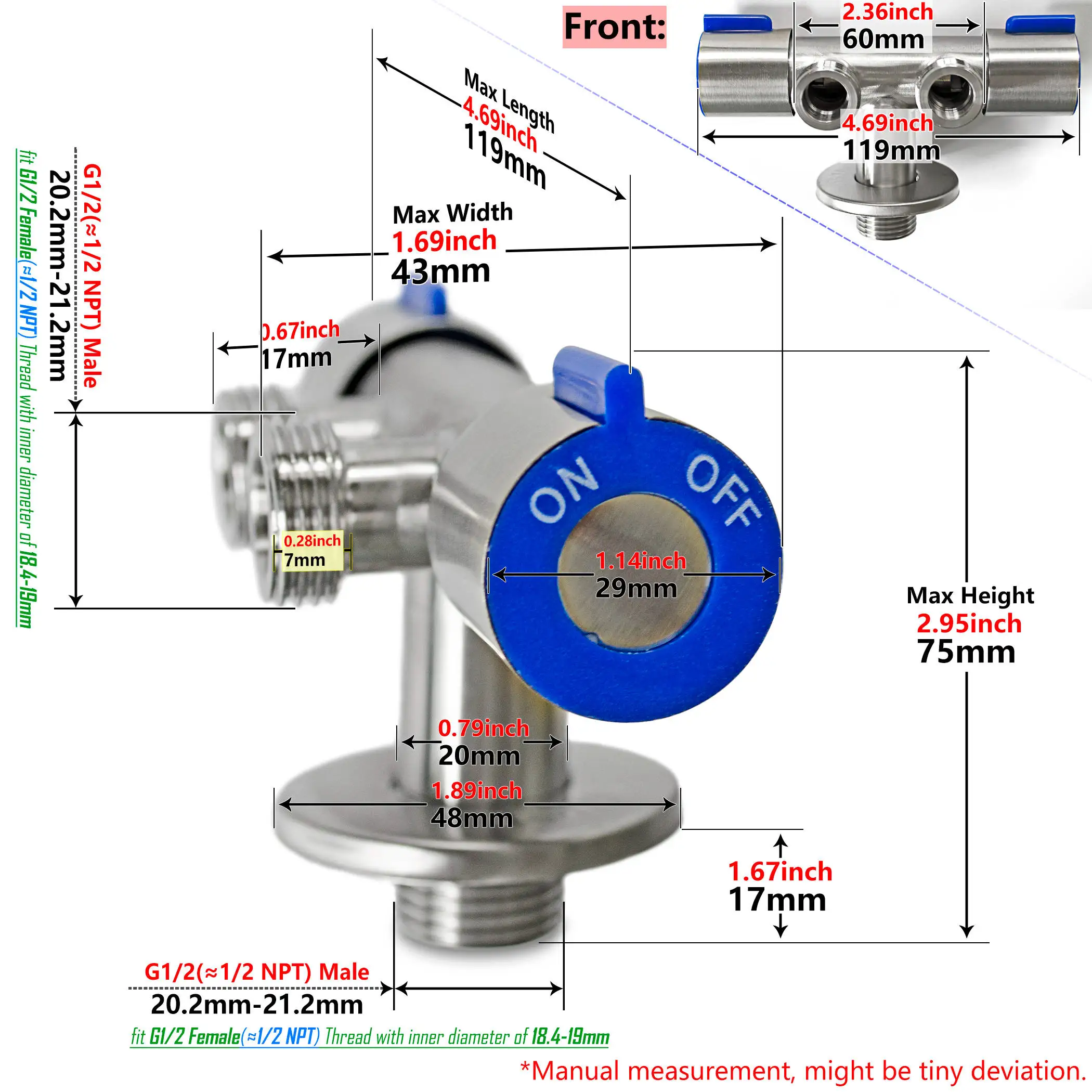 Stainless Steel G1/2 Male 3 Way Angle Stop Valve Double Switch Thread Cold Hot Water for Toilet Faucet Water Heater